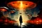 Digital collage, UFO in the style of realism combined with surrealistic elements, explosion in the city, cinematic art