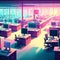 Digital composite of Colorful office room with computer screens and city transition AI generated