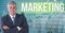 Digital composite image of businessman standing by marketing text against numerical background and g