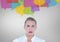 Digital composite image of confused woman with speech bubbles