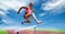 Digital composite image of female athlete jumping above the hurdle