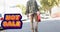 Digital composite image of hot sale text sign by man carrying petrol gallon walking on road in city