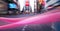 Digital composite image of pink digital wave against view of city traffic