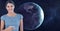 Digital composite image of smiling beautiful woman with cell phone in space standing against earth