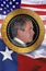 Digital composite: President George W. Bush, American flag and the state flag of Texas