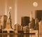 Digital composite: World Trade Center Light Memorial behind Statue of Liberty sepia toned