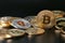 Digital Currency. Bitcoin And Ethereum Coins Close Up