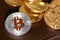 Digital Currency. Bitcoin And Ethereum Coins Close Up