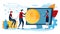 Digital currency. Miniature people with big coin. Business Flat cartoon miniature illustration vector graphic