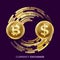 Digital Currency Money Exchange Vector. Bitcoin, Dollar. Fintech Blockchain. Gold Coins With Digital Stream