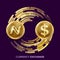 Digital Currency Money Exchange Vector. Namecoin, Dollar. Fintech Blockchain. Gold Coins With Digital Stream