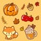 Digital Cute Autumn Elements, Fox Illustration, Pumpkin Art, Kawaii Illustrations, Fall Elements