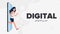 Digital detox banner. The girl runs out of the smartphone. The concept of banning devices, device free zone, digital