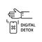 Digital detox poster. Linear illustration of temporary refusal to use gadgets. Human hand throws out smartphone, blocked tablet.