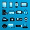 Digital devices icons. Colored flat icons of electorinc devices. Smartphone, tablet, smartwatch, video game console
