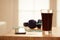 Digital Devices on Wooden Table, Blurred windows background, Col