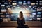 Digital Dive: Woman Engaged with Smart TV Streaming Choices. Generative ai