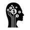 Digital dollar sign symbol on futuristic human profile with brain chip implant for AI Artificial Intelligence money mind