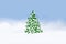 Digital drawing of a Christmas tree covered with fluffy snow against a blue sky