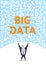 Digital environment, Big Data. Strong man holding bulk of big digital data above his head on white background. Flat