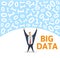 Digital environment. Strong man holding bulk of big digital data above his head on white background. Flat vector