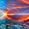 A digital exploration of the elements of fire and ice, with blazing flames, icy crystalline structures, and a contrast between t