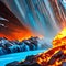 A digital exploration of the elements of fire and ice, with blazing flames, icy crystalline structures, and a contrast between t