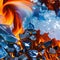 A digital exploration of the elements of fire and ice, with blazing flames, icy crystalline structures, and a contrast between t