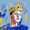 Digital Expressionism: Crowned Man In Yellow And Blue - Ybas Inspired Art