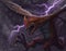 Digital fantasy painting of red dragon creature flying through a lightning storm