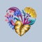 Digital floral illustration, abstract heart symbol with colorful tropical fantasy flowers