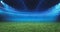 Digital Football stadium view illuminated by blue spotlights and empty green grass field. Sport theme digital 3D background