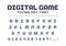 Digital game technology font. Retro letters and numbers for video, computer, mobile app logo design. Pixel art, 8 bit