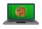 Digital Golden Bitcoin on laptop with random Binary Code on screen background. New technological economy concept