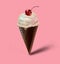 Digital hand drawn vanilla ice cream in the waffel chocolate cone with with cherry