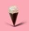 Digital hand drawn vanilla ice cream in the waffel chocolate cone on the pink pastel background