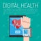 Digital health horizontal banner set with medicine elements on a blue background. Vector illustration