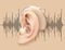 Digital hearing aid behind the ear. Ear and sound amplifier on background of sound wave . Treatment and prosthetics o