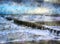 Digital illustration of baltic sea coast with storm clouds and waves. Beach landscape