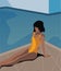 Digital illustration beautiful girl in a yellow swimsuit resting and swimming in the pool