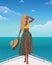 Digital illustration of a blonde girl resting on vacation posing in a beach suit for a photo on a yacht on a cruise