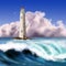 Digital illustration of a blue ocean with foamy waves and white lighthouse