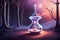 digital illustration of A bottle of magic potion in a dark fantasy forest. magic potion