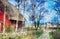 Digital illustration of Cityscape of baltic sea village Ahrenshoop with typical reed roof houses. Water color paint