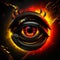 Digital illustration of eye in fire with flames in black and white background AI Generated