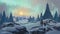 A digital illustration of the fantasy explorer and penguin in Christmas night.