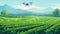 A digital illustration of a farm with a drone hovering over it
