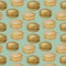 Digital illustration of food seamless pattern: hamburgers, burgers, sandwiches, burgers, chicken, burger on a blue