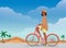 Digital illustration of a girl resting on vacation rides a bike to the beach along a mountain landscape