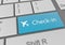 Digital illustration of a gray keyboard with a blue button and text Check-in on it